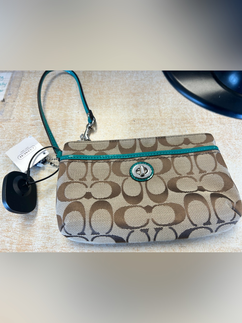 Coach Signature Canvas Wristlet with Bright Jade Trim
